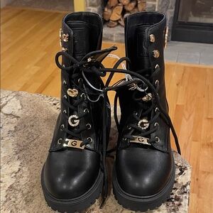NWT Guess Black Lace-Up Boots with Gold Accents